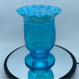 #0221 Antique Block Design Ruffled Opaline Blue Vase Or Celery Holder