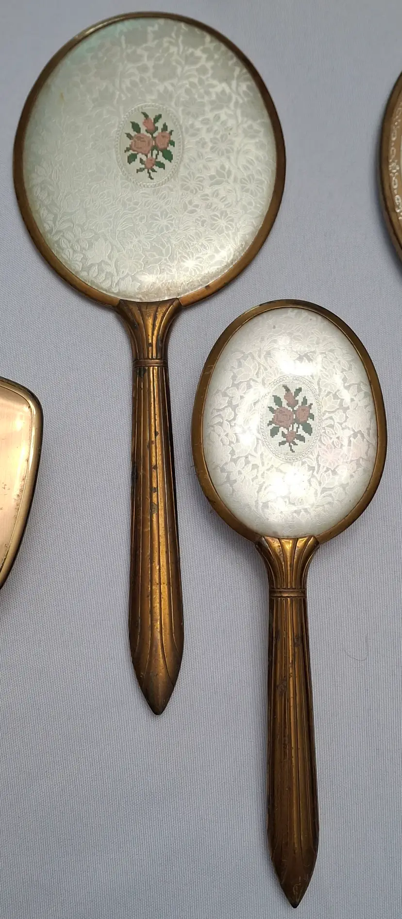 141 Vintage Art Deco Vanity Set – Floral Mirror & Brush – Gold Tone Dresser Set 1930s