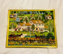 Completed Needlepoint Crewel Framed of the "White House Inn" Early American Folk Art CottageCore Country