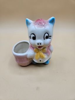 Small Pink Blue Kitchy Pig Planter, CRAZING 5.25" x 4.25"