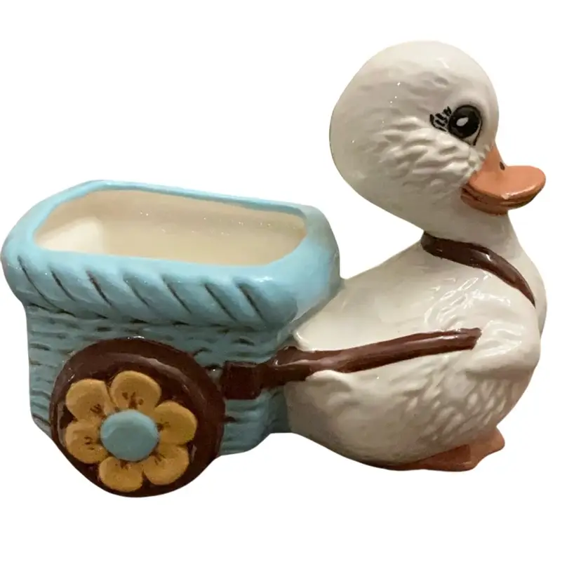 Hand Painted Dapper Duck Pulling A Cart Ceramic Planter 5” X Approximately 7”-READ
