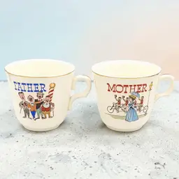Vtg Homer Laughlin Father and Mother Tea Coffee Cup Mug Barber Shop Tandem Bike