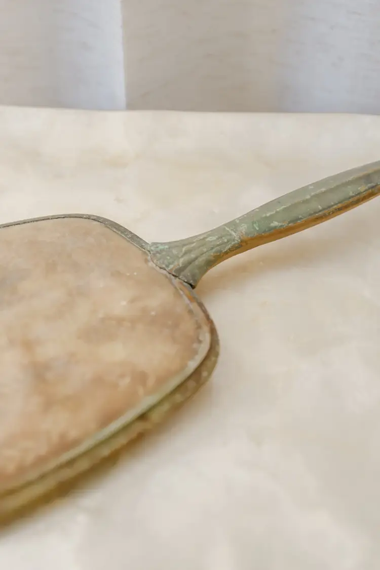 Antique Vintage Etched Brass Vanity Hand Mirror 13" Ornate Victorian Floral