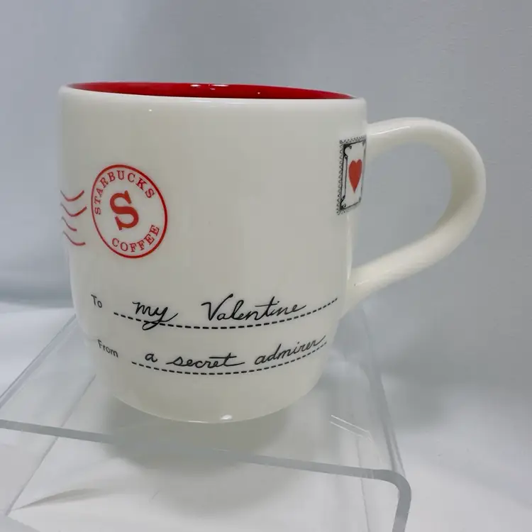 #1822 Starbucks, 2010 My Valentine Coffee Mug, Secret Admirer letter Cup, Cone China 4" 13oz