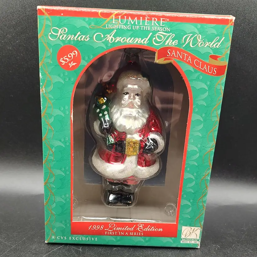 Vtg Santa's Around The World Lumiere "Santa Claus" USA Santa Glass Ornament In Original Box