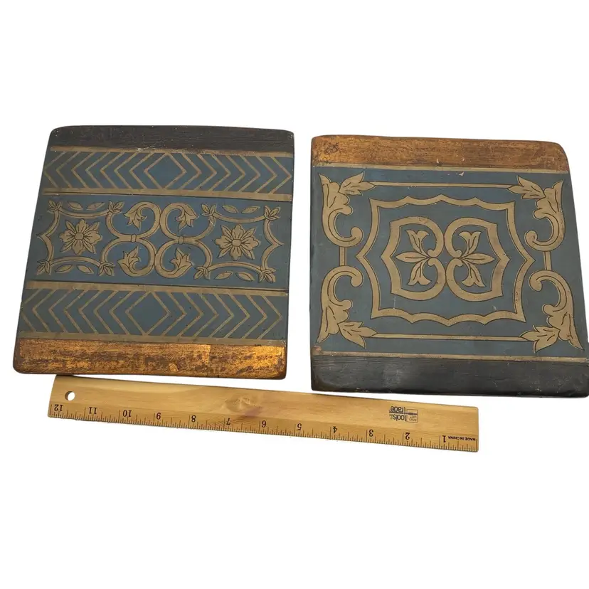 Pair of 2008 Jaipur Craftsman Pottery Tiles Plaques For Hanging signed 8in x 8in.