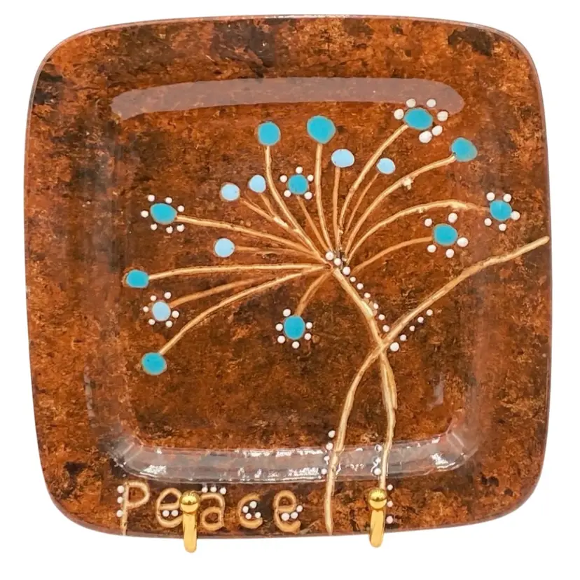 Vintage Ceramic Trinket Dish or Wall Plate, "peace" & floral design, 7.9" x 7.9"