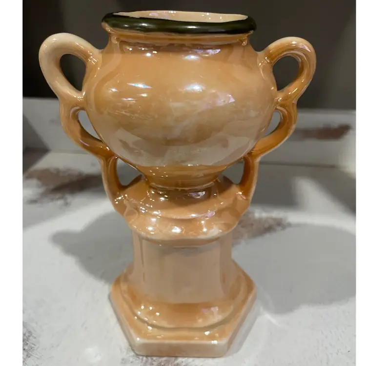 CZECH 1923 Vanity Vase Art Deco Ceramic Peach Lustreware w/Black 5.5” tall / 187