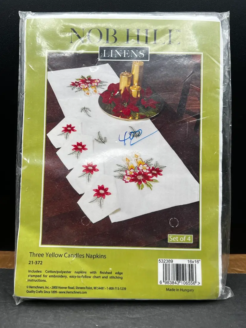 #938B NOS Nob Hill Linens Needlepoint Kit, Set of 4 16" x 16" Napkins Three Yellow Candles Design 21-372
