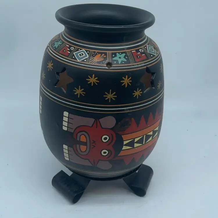#3408 Decorative black pottery lantern with ethnic motifs, designed to illuminate through perforations.
