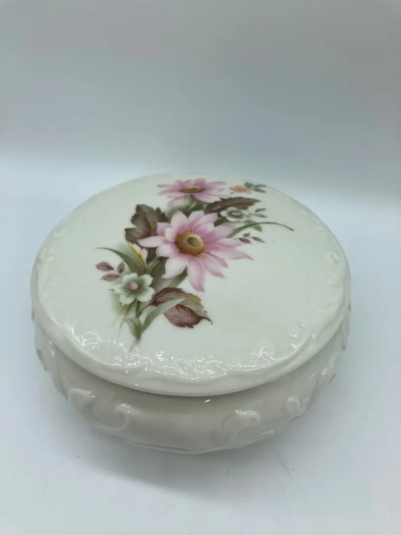 White Ceramic Trinket Box with Floral Lid