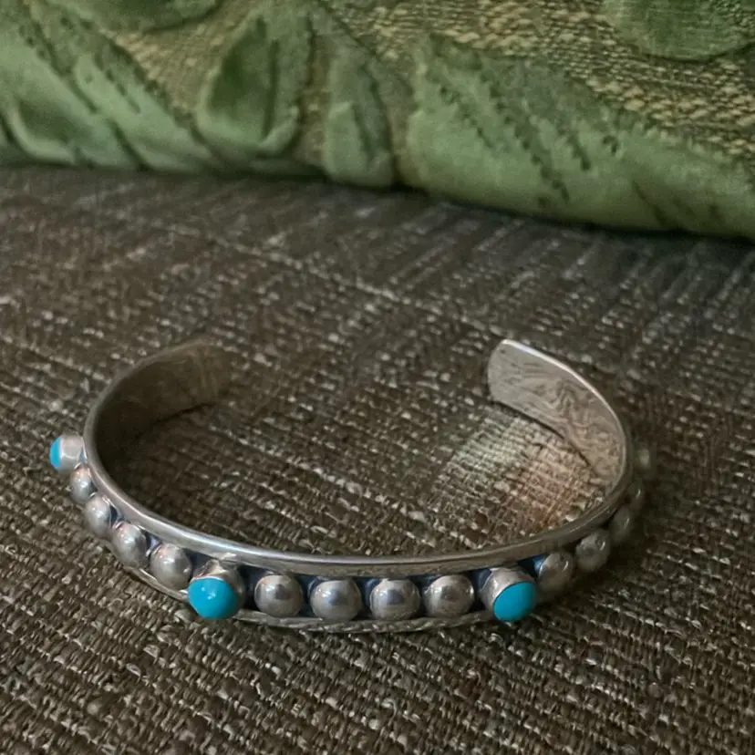 Navajo Sterling Cuff With Turquoise Studs Artist Marked
