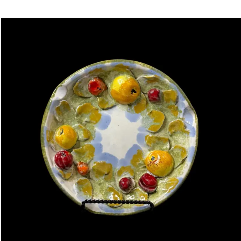 Raised Fruit Pottery Trinket Dish-Decor-Ashtray Hand Painted Yellow Pears-Red Berries-Signed Italy 7-3/4” W x 1-1/4” H