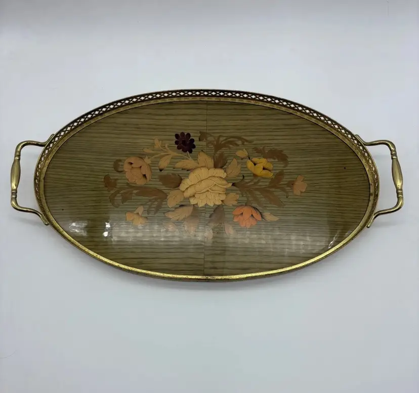 Vintage Serving Tray Italian Marquetry Inlaid Wood Floral Brass Handles Oval