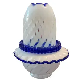 Fenton 1985 3-piece Cobalt Blue Ridge And Opalene Swirl Fairy Light 7” X 5 1/2”