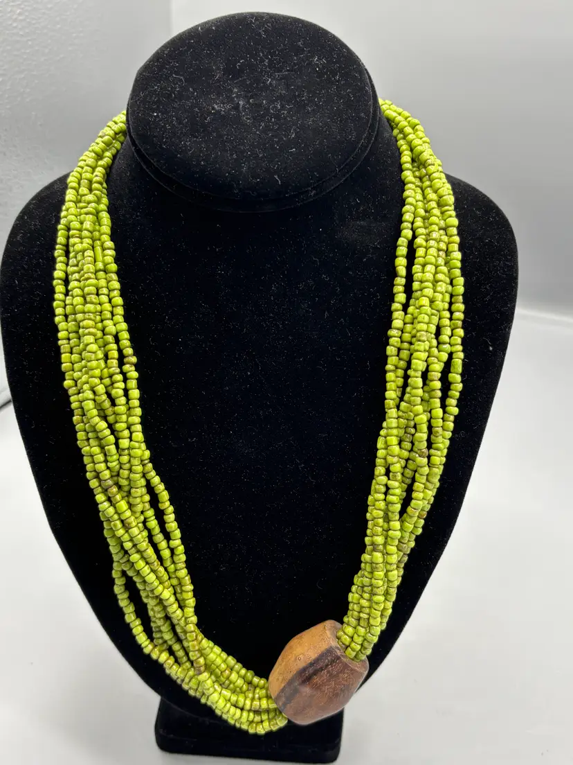 Multi Strand green wood necklace