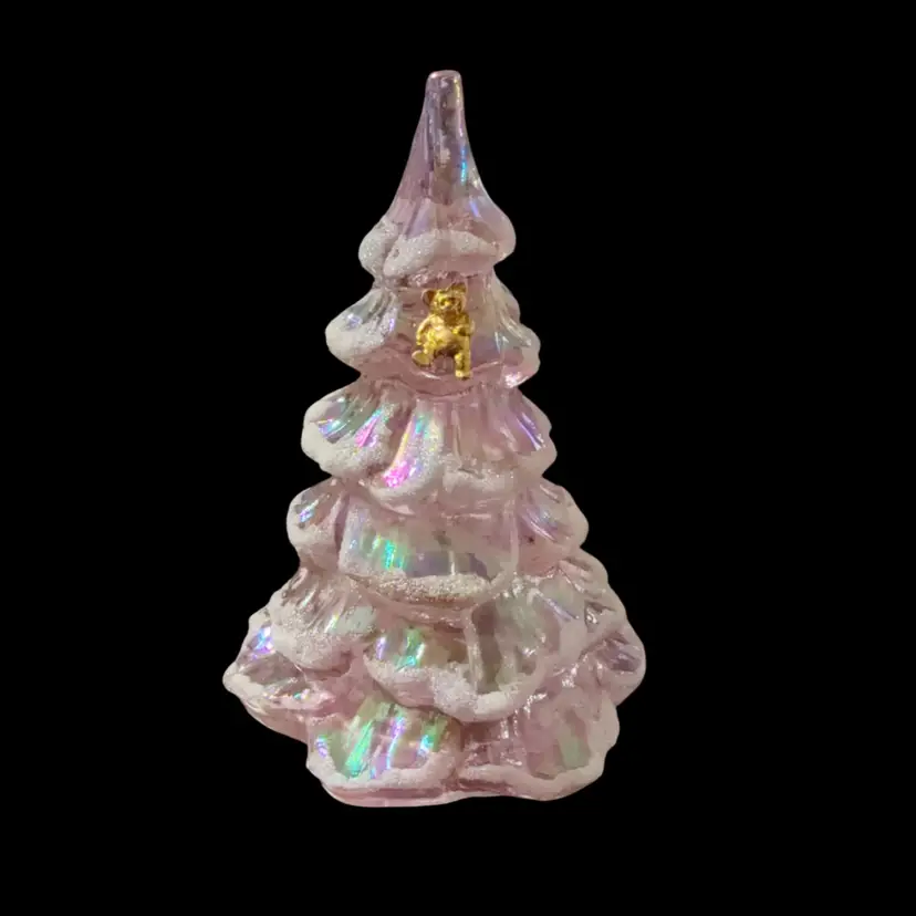 Fenton 6" Iridescent Pink Christmas Tree w/gold Bear HARD TO FIND