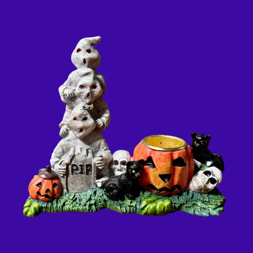 90's Vintage HALLOWEEN Resin Candle Holder, Ghost Cemetery Black Cat