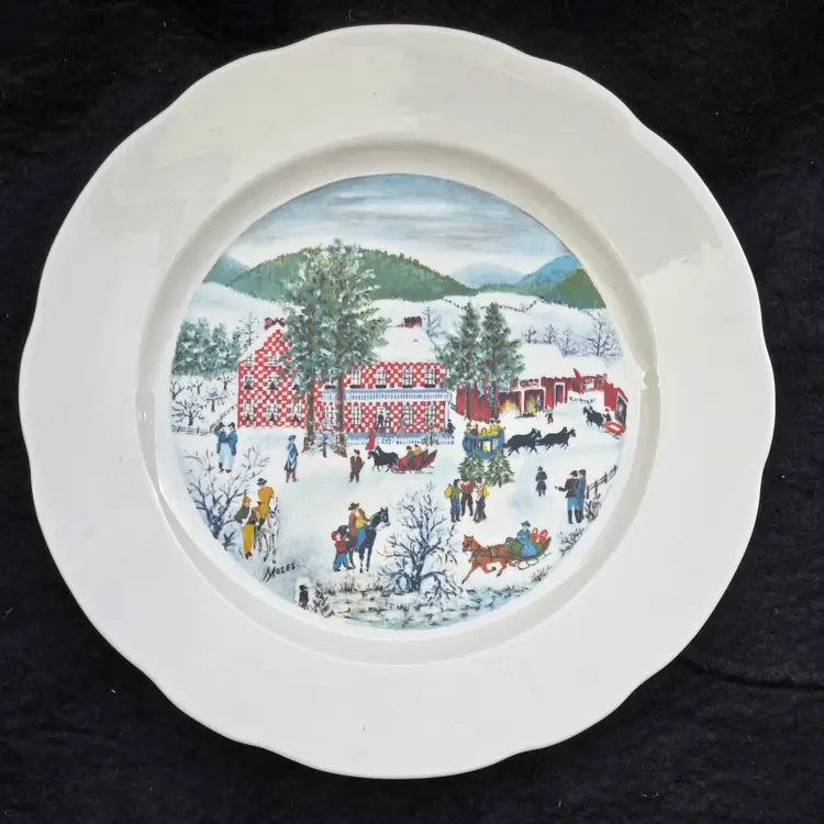 Grandma Moses Plate Syracuse China 12⅛” Diameter USA "The Old Checkard House in Winter"