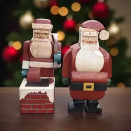 Super Cool Pair Of Two Vintage Handmade Wooden Block Santa Figurines Signed