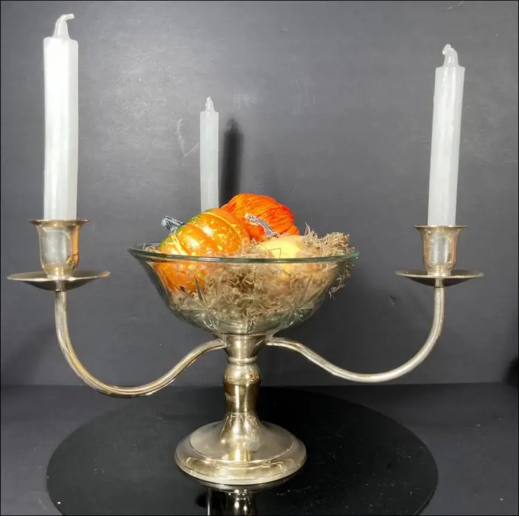 Vintage Three Arm Silver Plate Candelabra With Glass Bowl - Centerpiece
