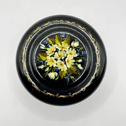 Vintage Black Metal Lacquered Hand Painted Flowers Trinket Box Lidded, Unmarked, Made in Russia