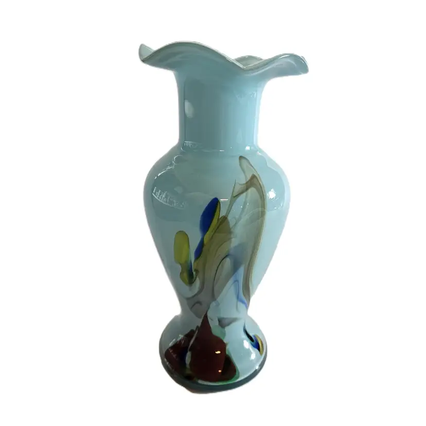 #01 - Vintage Chinese Dalian Art Glass Company Hand Blown 8" Vase with Ruffled Lip, Pale Blue with Swirls of Red, Blue and Green