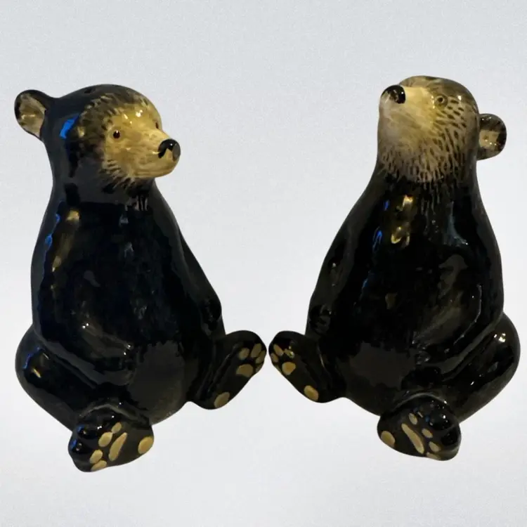 Black Bear Salt & Pepper Shakers Tan Face Paws Ceramic Rubber Stopper *NEW*