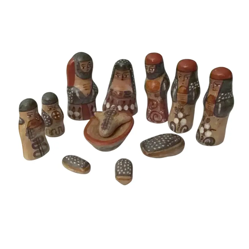 Vintage Mexican Tonala pottery nativity set 12 piece Complete