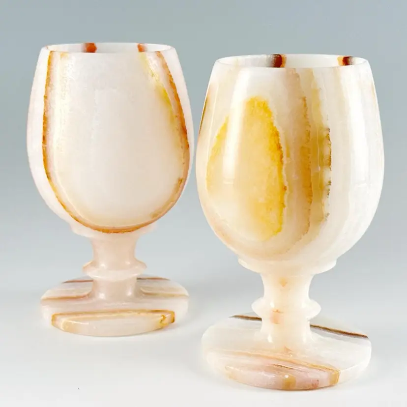 2 Vintage Hand Carved Alabaster Goblets, Translucent Stone Wine Glasses, Banded Marble Snifter