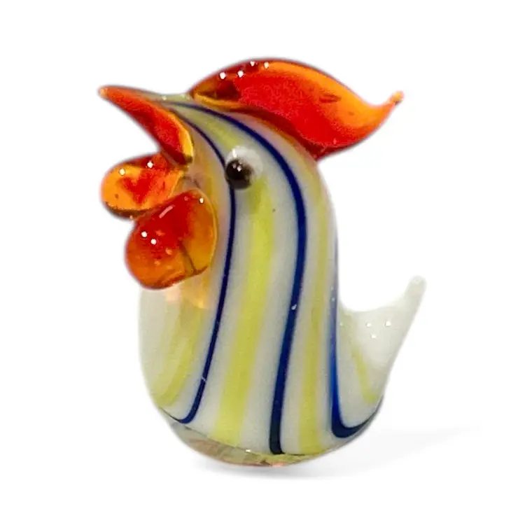 Mini Handblown Yellow And Blue Art Glass Rooster And Christmas Stocking