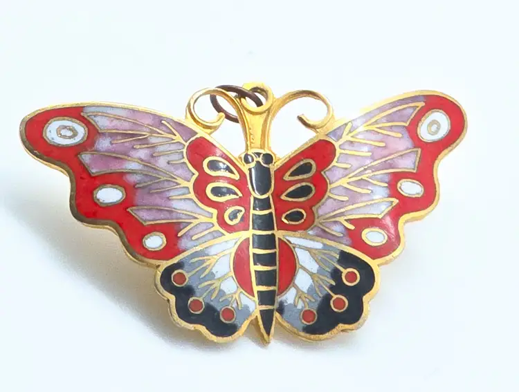 Butterfly Pin Pendant Gold Tone with Red & Black Enamel