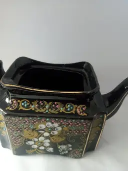 #01 Pretty vintage ceramic teapot black with painted flowers and other designs goldish trim DECOR ONLY