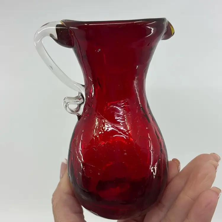 Amberina Crackle Glass Pitcher Applied Handle 5”