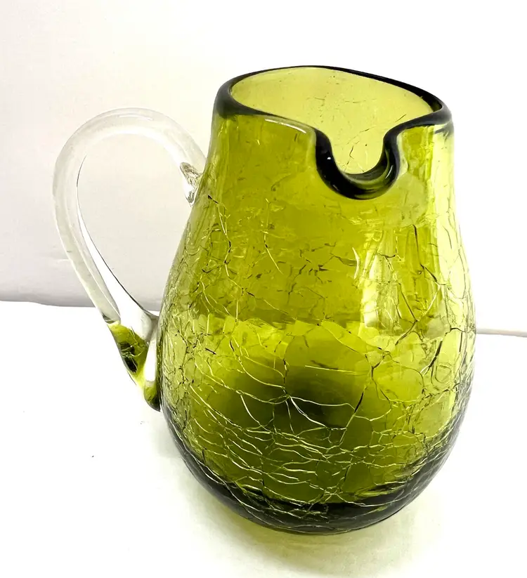 Vintage Blenko Pilgrim Glass Green Crackle Hand Blown Glass Pitcher or Vase