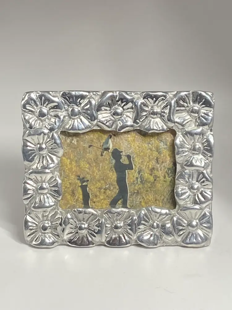 Heavy Pewter & Wood Photo Frame w/ Floral Design, 2.5 x 3.5