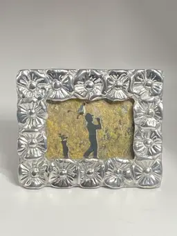 Heavy Pewter & Wood Photo Frame w/ Floral Design, 2.5 x 3.5