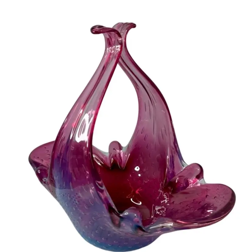 Fratelli Toso Murano Bowl/Candy Dish with Handles Pink/Cranberry White Opalescent Cased Bullicante 
8.5” T x 9” L x 4.75” W.