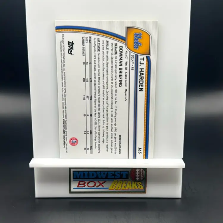 T.J. Harden 1st 09/75 Yellow 2024 Bowman University Chrome UCLA MBBCRD