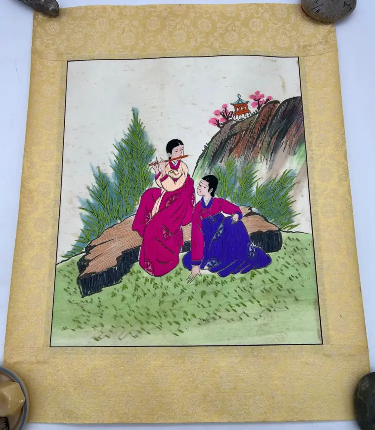 Vintage Korean Silk Embroidery Hanbok Ladies With Flute Scenic Panel Textile Art