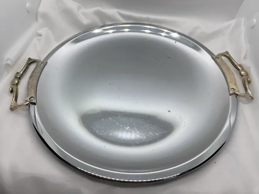 #2062B Kromex Vintage Stainless Steel Serving Tray.  Round with Ornate Gold Handles 
13 1/2" in Diameter