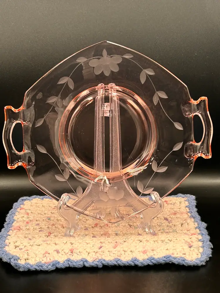 Vintage Pink Depression Glass Platter - Hexagon-Shaped Etched Pink Glass Plate With Handles