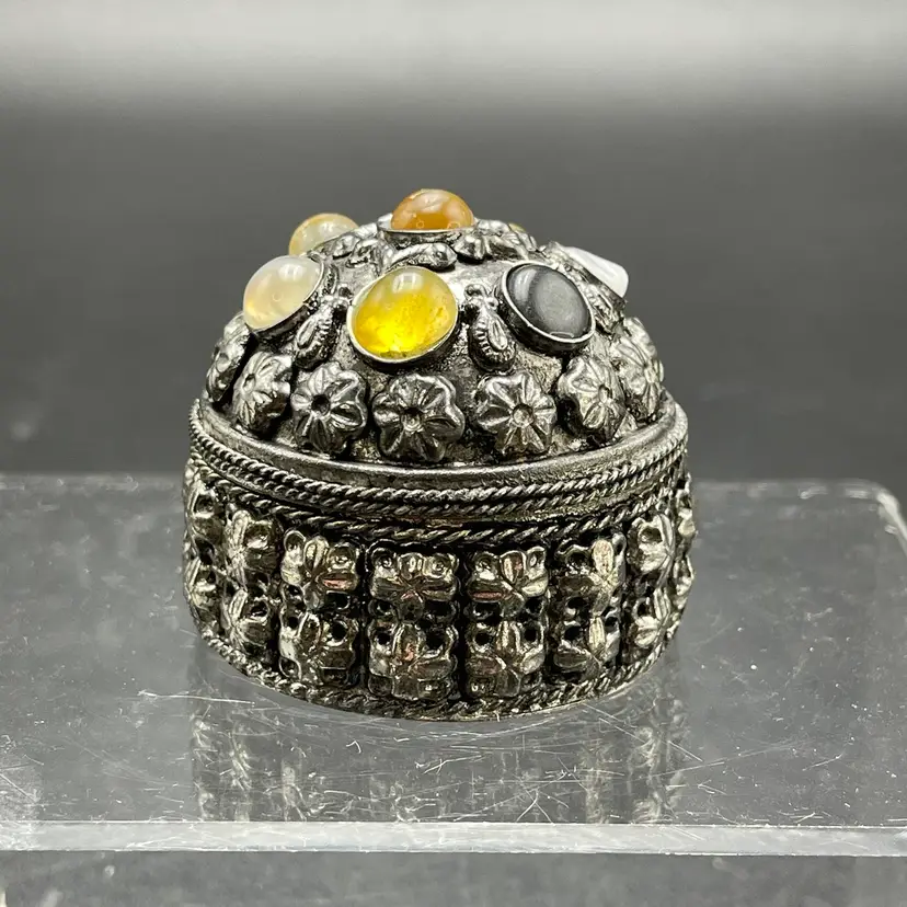 Lidded Silver Toned Metal Trinket Box Embedded Stones Jewels Blue Felt Lining