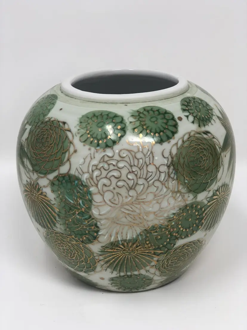 Japanese Kutani Vase with Green Florals and Gold Details 4"