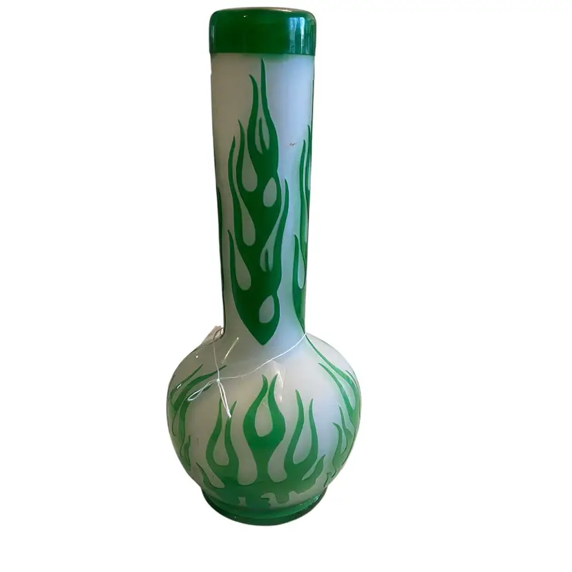 Vintage Overlay Glass Vase Hot Rod Flames Frosted White Green Handcrafted