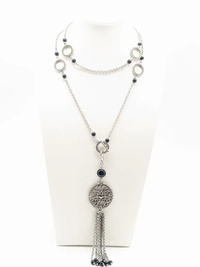 Lia Sophia "Lyrical" Necklace Black Glass Cat's Eye Silver Tone