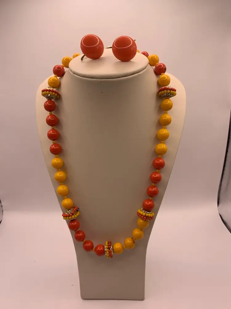 Vintage Bead Necklace And Screw Back Earrings