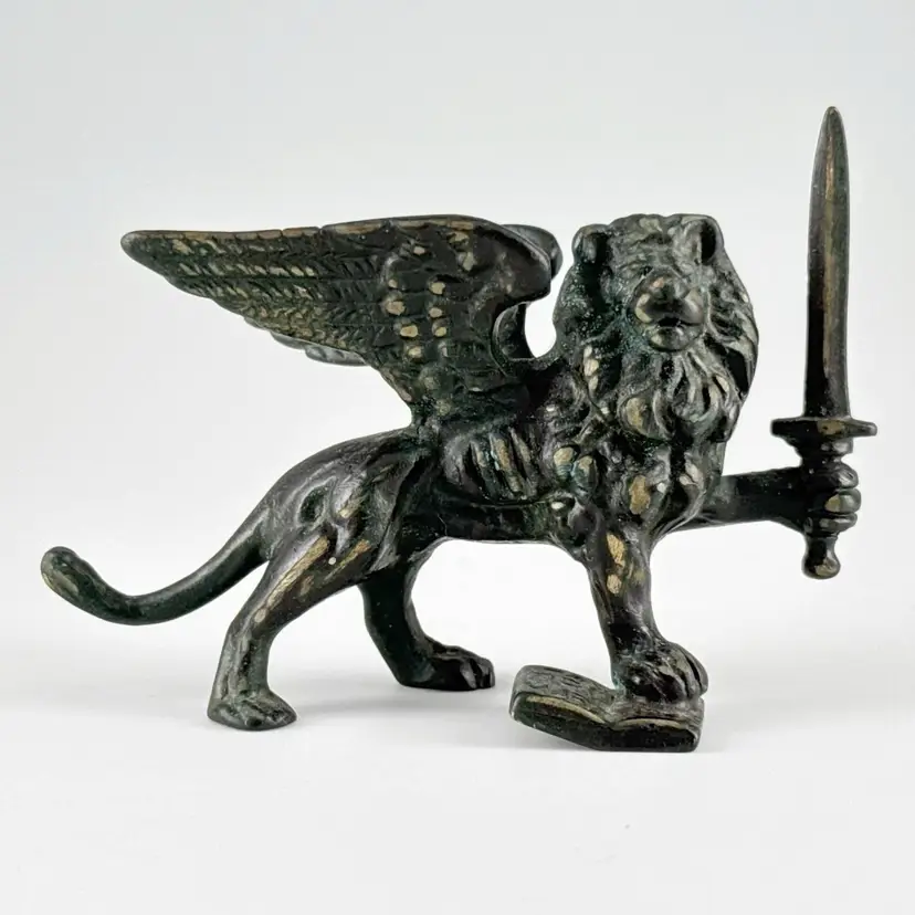 Vintage Miniature Bronze Winged Lion of St Mark Figurine, Sword & Book, Christian Patron Saint Venice