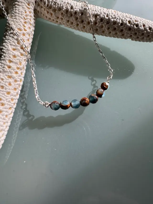 #54 Sterling Silver Chain Necklace With Six Multi Colored  Blues Browns Jasper Beads 17”