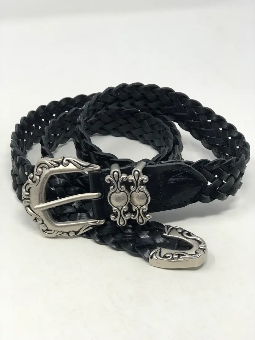 Black Leather Braided Belt with Ornate Silver Tone Buckle 44"